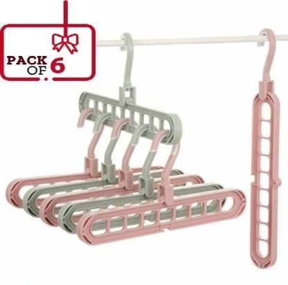 Hanger-Plastic Multi Functional Adjutable & Folding Clothes Hanger Holder Portable Anti-Slip Storage Rack Space Saving Hook for Garment Drying (Multicolor, Pack Of 6) - Shopandsave