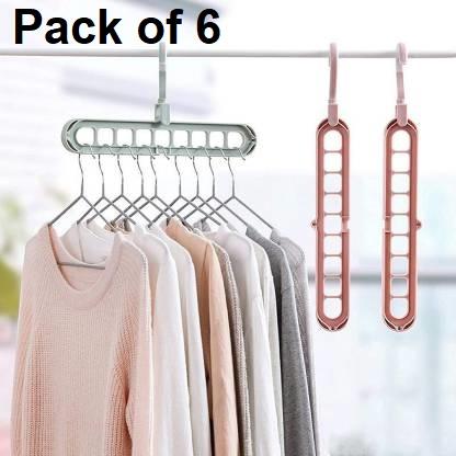 Hanger-Plastic Multi Functional Adjutable & Folding Clothes Hanger Holder Portable Anti-Slip Storage Rack Space Saving Hook for Garment Drying (Multicolor, Pack Of 6) - Shopandsave